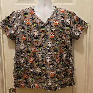 Halloween Scrub Top Owl Print Gray Shirt With Draw String Mens Or Womens